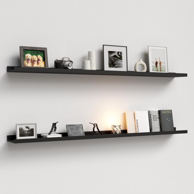 55.1-Inch Rustic White Floating Shelves - Wall Mounted Display Solution, Black