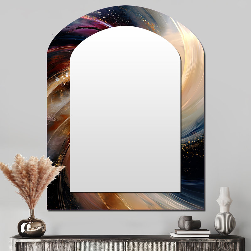 Abstract Spirals In Gold And Purple Tones II - Abstract Spirals Arch Mirror, Gold Asymmetrical Unique Wall Mirror, Printed Metal Art