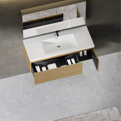 Meuble-lavabo flottant 48 po avec lavabo, meuble de rangement mural rayé avec tiroir à fermeture en douceur et lavabo blanc brillant, entièrement assemblé