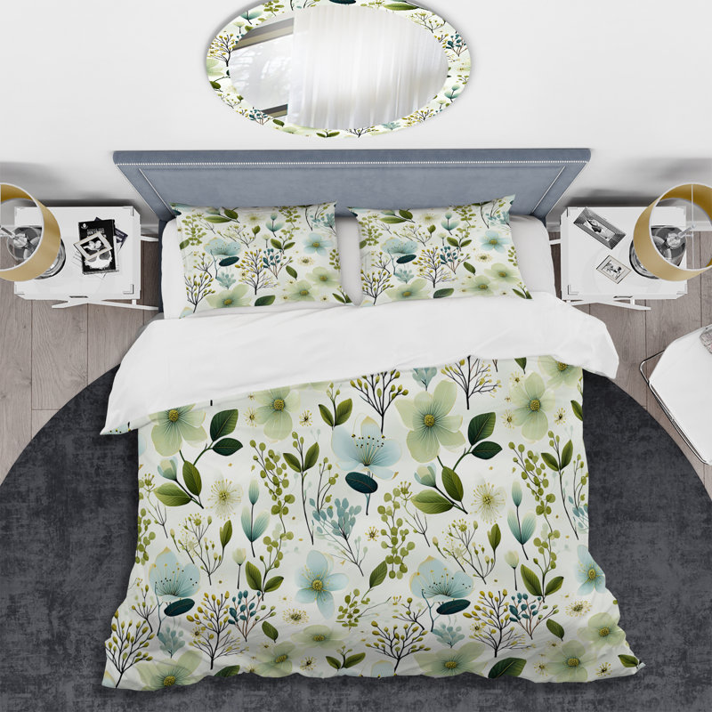 Ensemble de housse de couette Green and White Ferns Sereny, Housse de couette pour grand lit et 2 taies décor