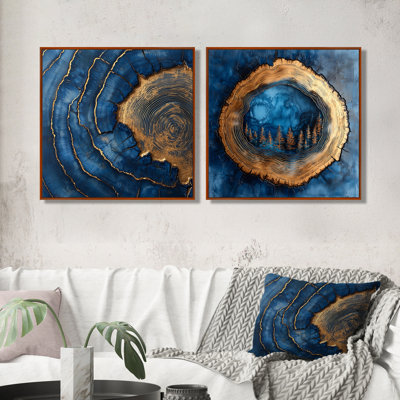 Glissade en bois saphir doré doré veines I - forêt, décoration murale - art mural traditionnel 2 pièces