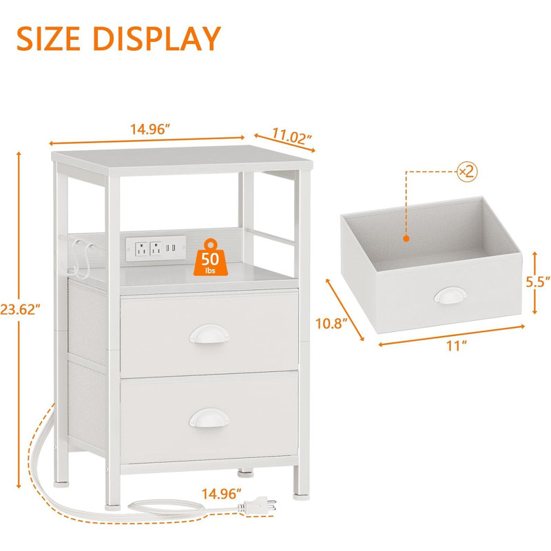 White Nightstand End Table With Charging Station 