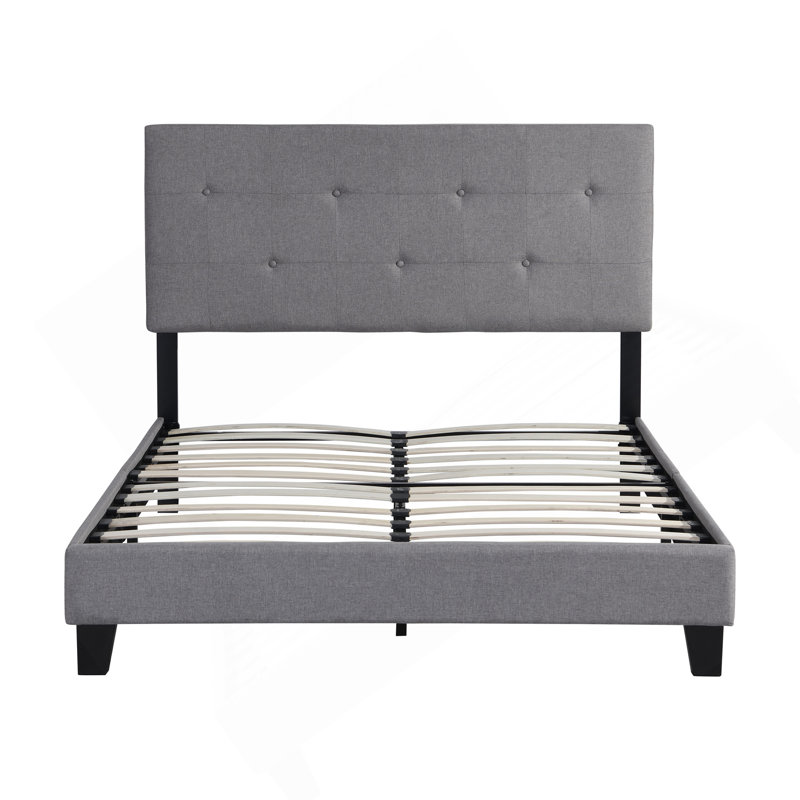 Full Size Upholstered Platform Bed Frame With Modern Button Tufted Linen Fabric Headboard, No Box Spring Needed, Wood Slat Support, Easy Assembly, Grey