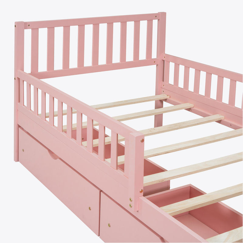 Twin Wood Platform Bed with Guardrails on Both Sides and Two Storage Drawers, Pink