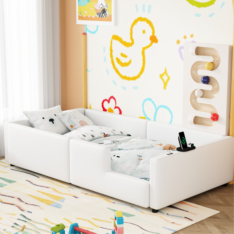 Lit simple tapissier avec garde-corps et station de charge moderne - taille double blanc