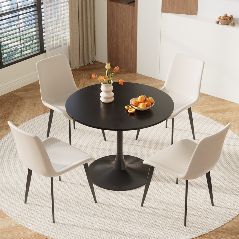 Petit ensemble de salle à manger à piédestal rond, Blanc, 5 Pieces: Table, 4 Chairs, Beige