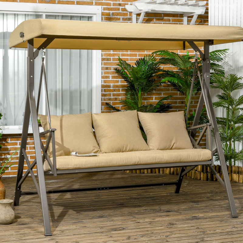 3 Backyard Swing With Canopy And Supportive Porch Cushion & Adjustable Canopy, Khaki - Ideal For Backyard, Porch, Poolside 74.13"l X 46.36"w
