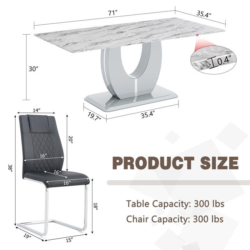 71" Dining Table Set, Modern Tempered Glass Top With PU Leather Chairs, Black, 7 Pieces: Table, 6 Chairs