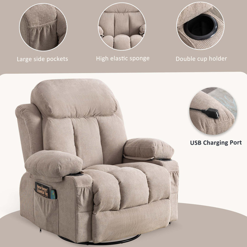 Swinging recliner massage heated sofa, with USB and 2 cup holders in side pockets, Brown