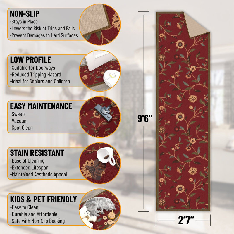 Ottohome Non-Slip Floral Leaves Area Rug For Living Room, Hallway, Entryway Rug, Dark Red, Runner 2'7" x 9'6"