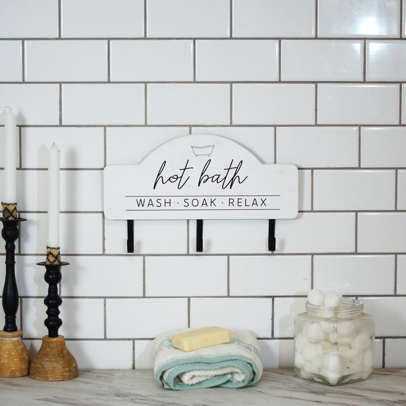 Enseigne de bain chaude blanche en bois avec 3 crochets 14 po.