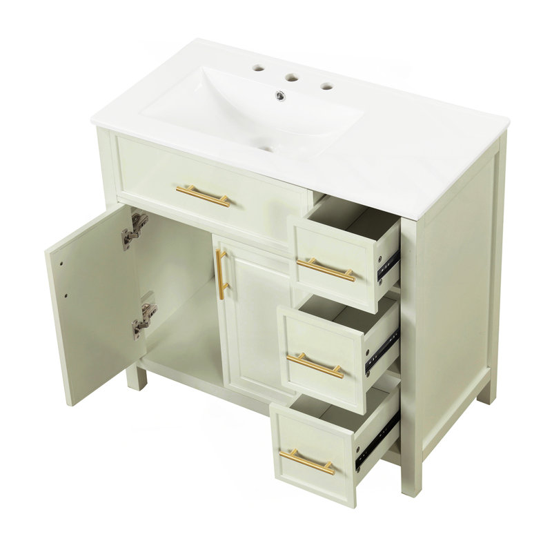 36" Bathroom Vanity with Sink Top, Bathroom Vanity Cabinet with Two Doors and Three Drawers, Solid Wood , MDF Boards ,One Package, White-green