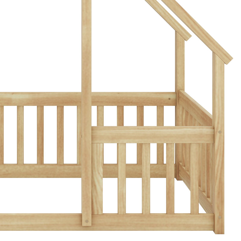 Playhouse Style Floor Bed with Protective Fence and Safety Guardrails, Natural