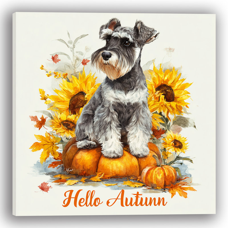 Schnauzer avec des tournesols d'automne I - art mural sur toile tendue, H 40 po x l 40 po