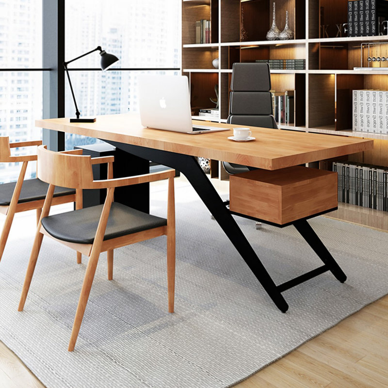 Brown+Black Rectangular Solid Wood+Iron with 1 drawers desk, 29.53" H x 78.74" W x 27.56" D
