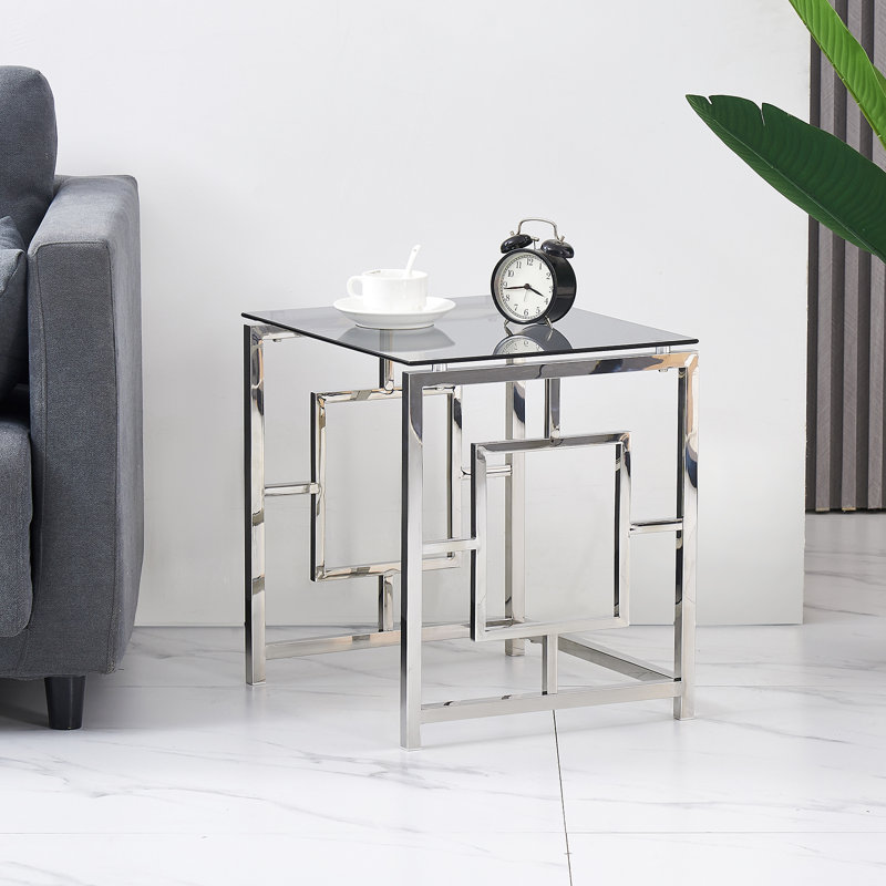 Broadoaks Classic 3 - Piece Stainless Steel Nest Of Tables With Tempered Glass Top For Living Room, Dark Top/Chrome Base