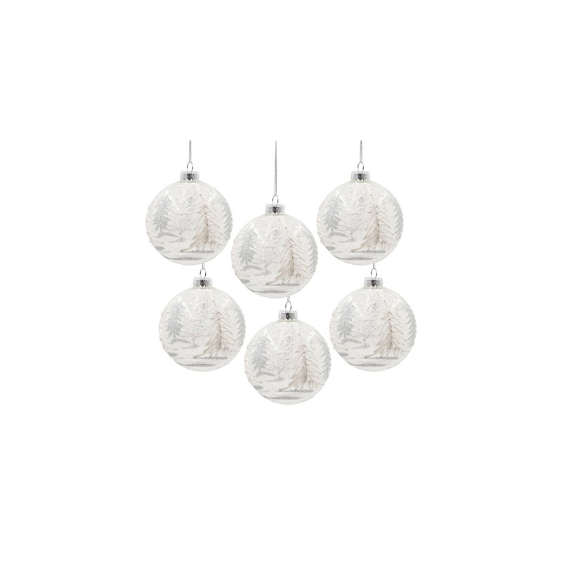 Glass Ball With Tree Pattern Ornament Set of 6 4"Dia. Frost