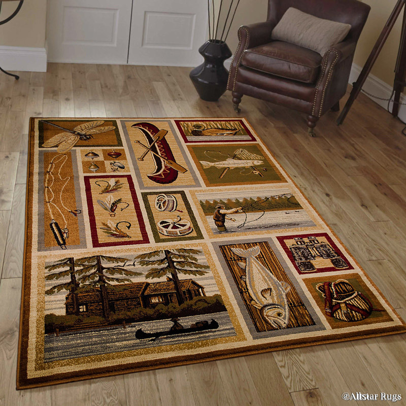 Mocha and Ivory Canoe Print Synthetic Area Rug 7'7" x 10'6"