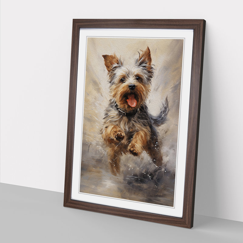 Yorkshire Terrier Action - Single Picture Frame Print on Wood, 34cm H x 25cm W x 2cm D, Walnut