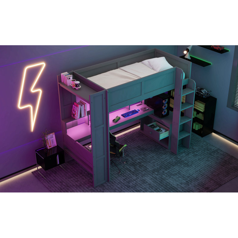 Lit mezzanine avec bureau Gaming, tablettes multi-rangements, DEL et station de charge, gris foncé, Simple