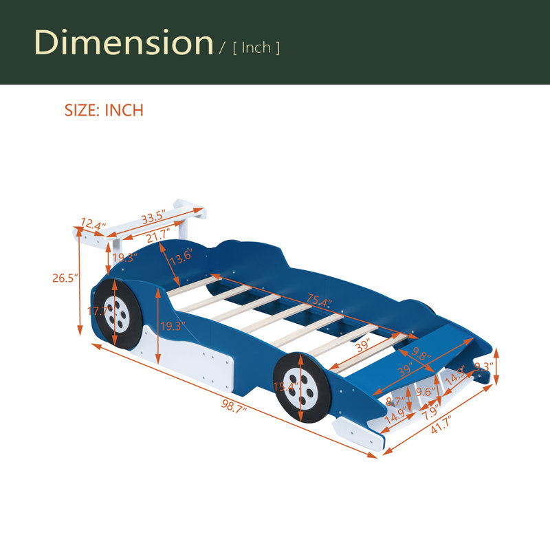 Twin Size Race Car-Shaped Platform Bed With Wheels, Blue