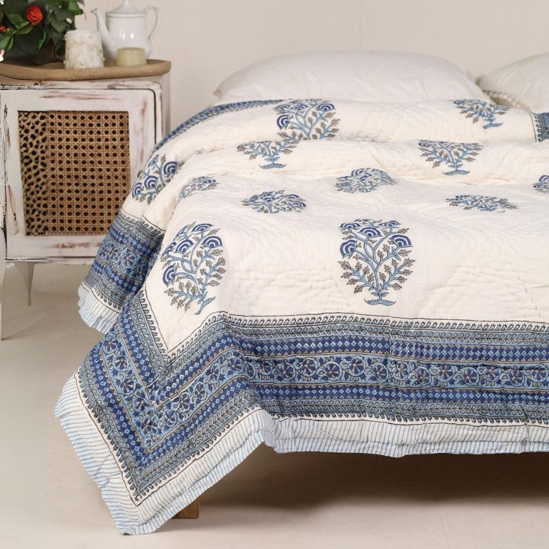  Couvre-lit 100% coton Mughal Florals, Bleu