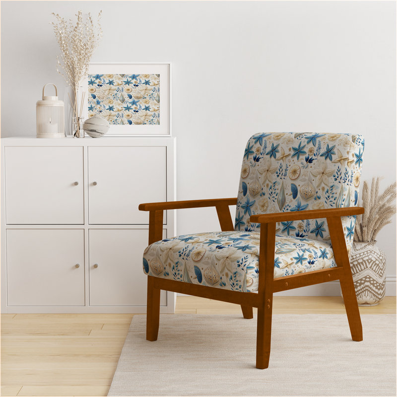 Fauteuil d'appoint rembourré bleu et blanc Coastal Retreat Seashells II, Accoudoirs carrés bruns