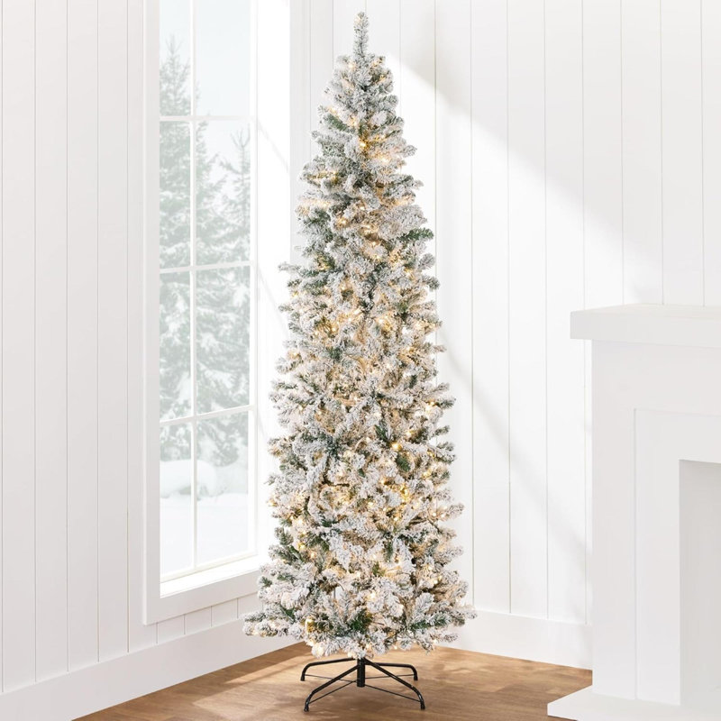Arbre de Noël floqué au crayon, mince décoration de Noël artificielle pré-éclairée, éclairé avec base blanche, lumières blanc chaud