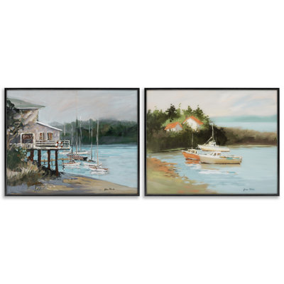 Boat Lakeshore Landscape 2 PC Giclee Art Set by Jane Slivka