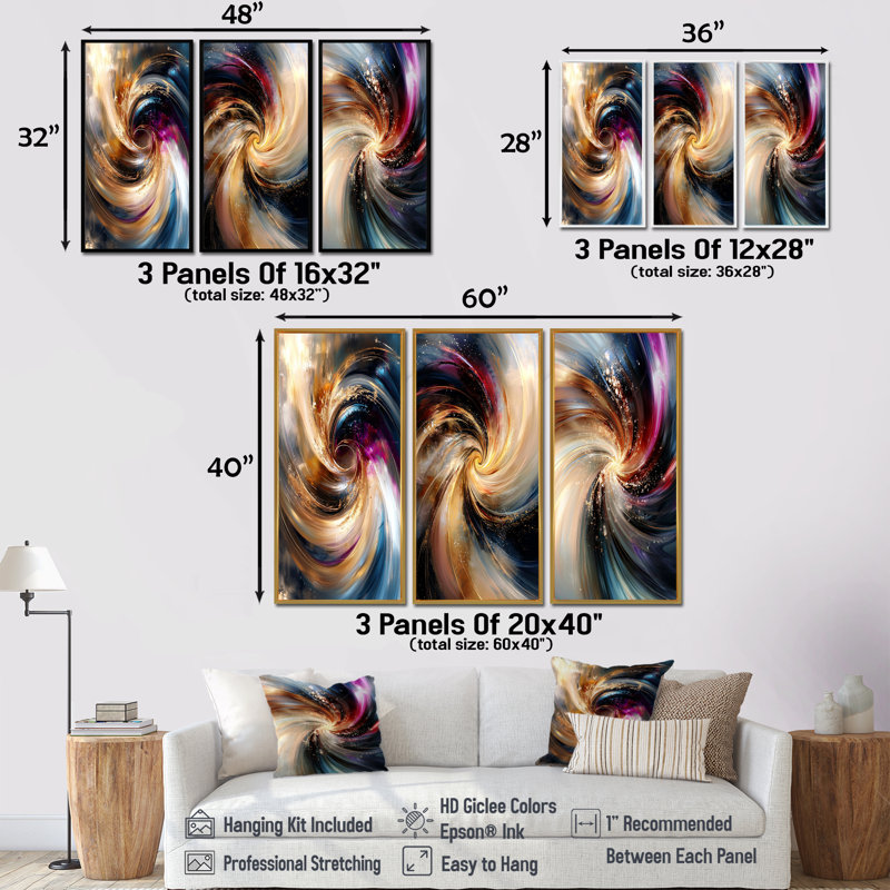 Spirales abstraites dans des tons dorés et mauves I - Collection d'art mural moderne, Toile tendue, H 28 po x l 36 po