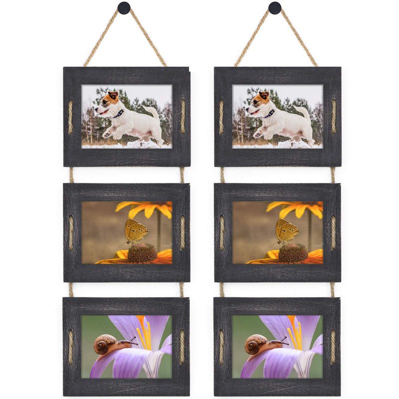 Ensemble de cadres photo suspendus 5 x 7, ensemble de cadres photo 3 ouvertures, 3,5 x 5 avec passe-partout ou 5 x 7 sans passe-partout, ensemble de 2 cadres photo en bois massif rustique, noir vieilli