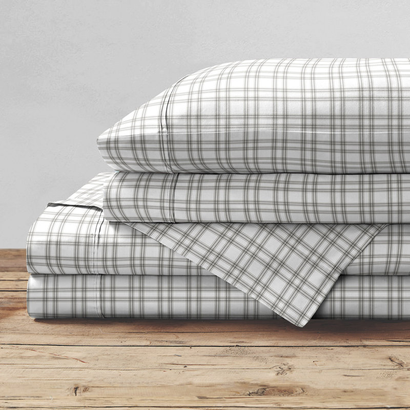 King Gray Plaid Cotton Percale Sheet Set