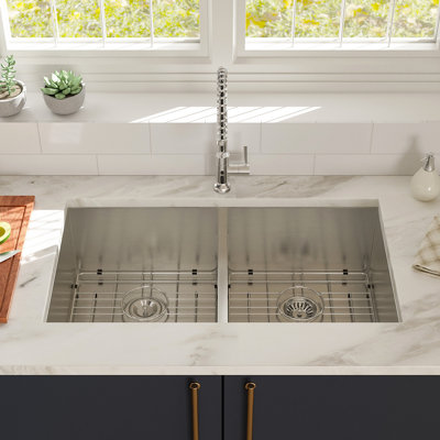 Double Bowl(50/50) Undermount Sink- 36" X 19" Double Bowl Kitchen Sink 16 Gauge With Two 10" Deep Basin