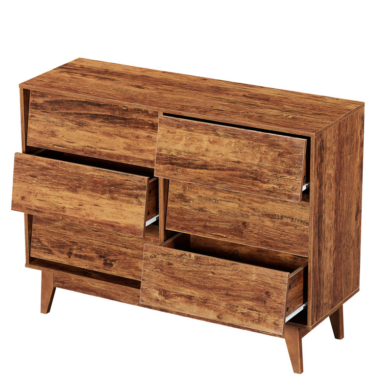 Bevel Design 6 Drawer Double Dresser, Brown Material, 47.3 W 13.5 D 30 H, And Spacious For Bedroom Use , Vintage - Style, Design, Chest