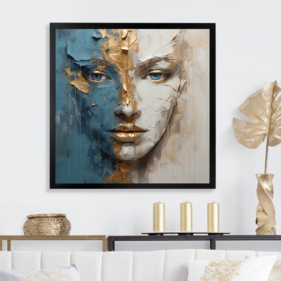 Portrait de méditation femme dorée et bleue - Estampes abstraites encadrées