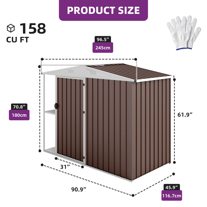 Remise de rangement extérieure en métal l 7,6 pi x P 3,8 pi, Brun
