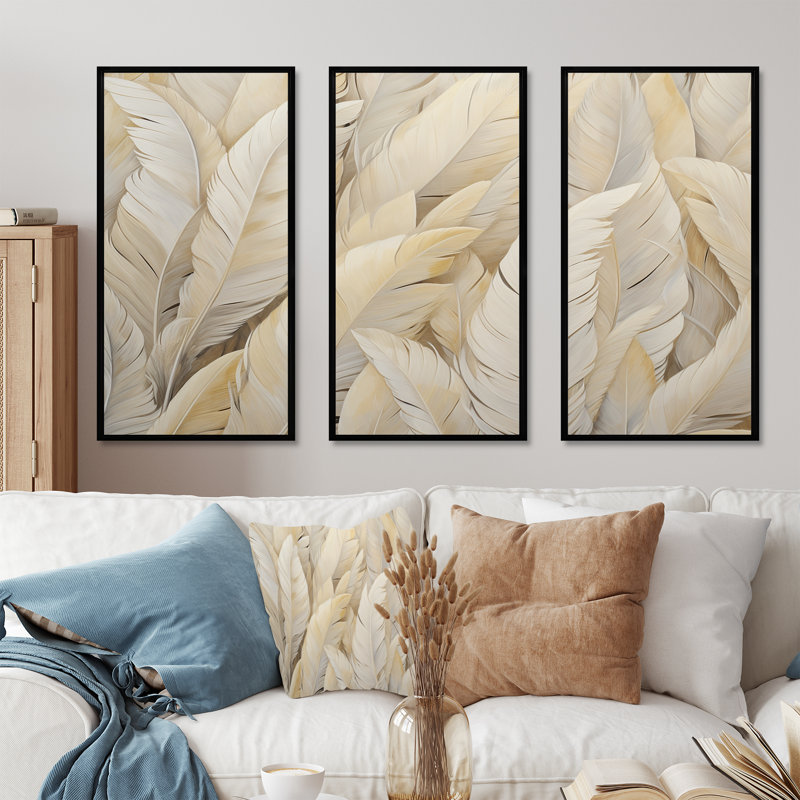 Ensemble de salon Feathery Plumes IV - Feathers Wall Art, Cadre flottant noir, H 32 po x l 48 po x P 1 po