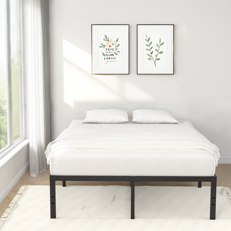 16" Black Metal Bed Frame Headboard Compatible Platform Bedframe, Queen