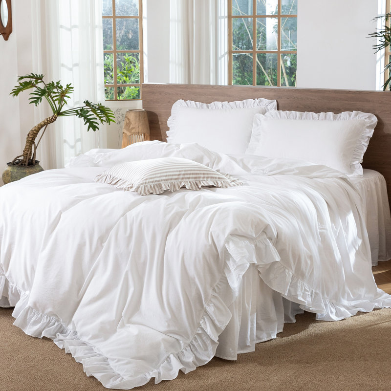 Ensemble de housse de couette à volants 100% coton délavé MooMee, Housse de couette grand et 2 taies décoratives