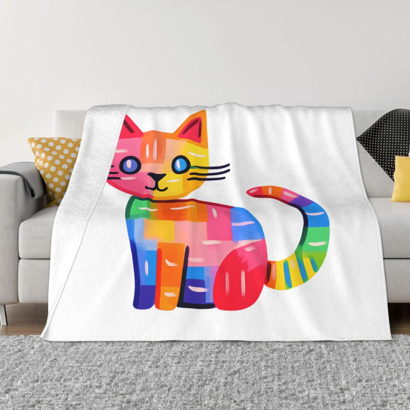 Couverture carrée colorée en laine imprimée chat, idéale pour les voyages, les lits, les canapés et les fauteuils. Dimensions : 127 x 152 cm. Livrée avec un sac en toile imprimé chat.