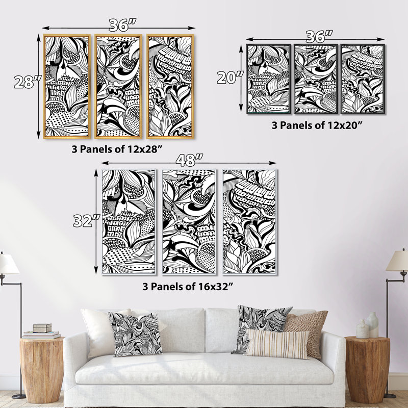 Fleurs abstraites en noir et blanc - ensemble d'art mural sur toile moderne encadré de 3, H 32 po x l 48 po x P 1 po