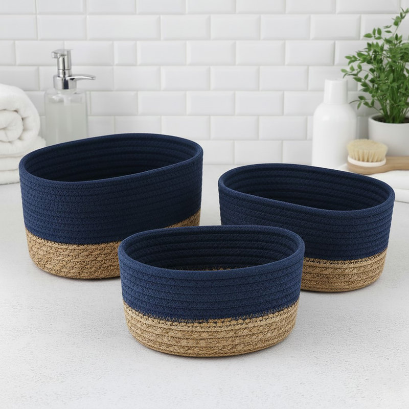 Padang 3-Piece Cotton Basket Bin, Navy Blue/Natural