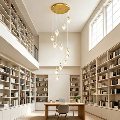 Lustre en cristal à haut plafond DEL, luminaire suspendu en or 12 lumières, à intensité variable avec télécommande, plafonnier encastré en spirale pour plafonds inclinés, lustre moderne pour escalier de vestibule de vestibule