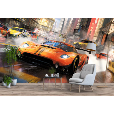 Racing Car Cityscape Wall Mural – Action-Packed Sports Car Design For Rooms, Game Rooms, Or Urban-Style Spaces