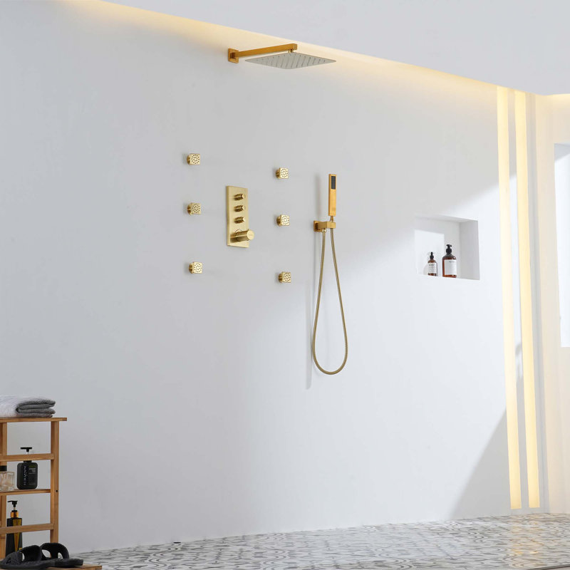 Système de douche thermostatique mural 3 fonctions 12 po, Or brossé