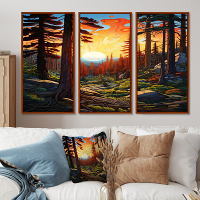 Couleurs chaudes du coucher du soleil dans les montagnes - ensemble de décorations murales forêt