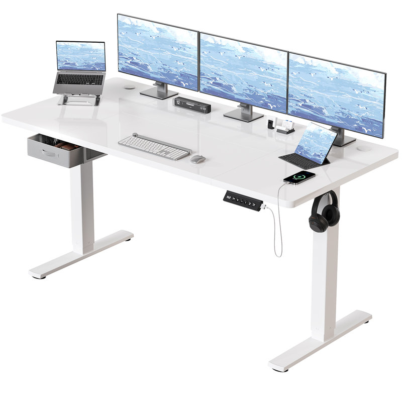 Electric Standing Desk Wide Desktop Height Adjustable Standing Desk With Drawer&Hooks, 118" H x 140" W x 80" D, White, White