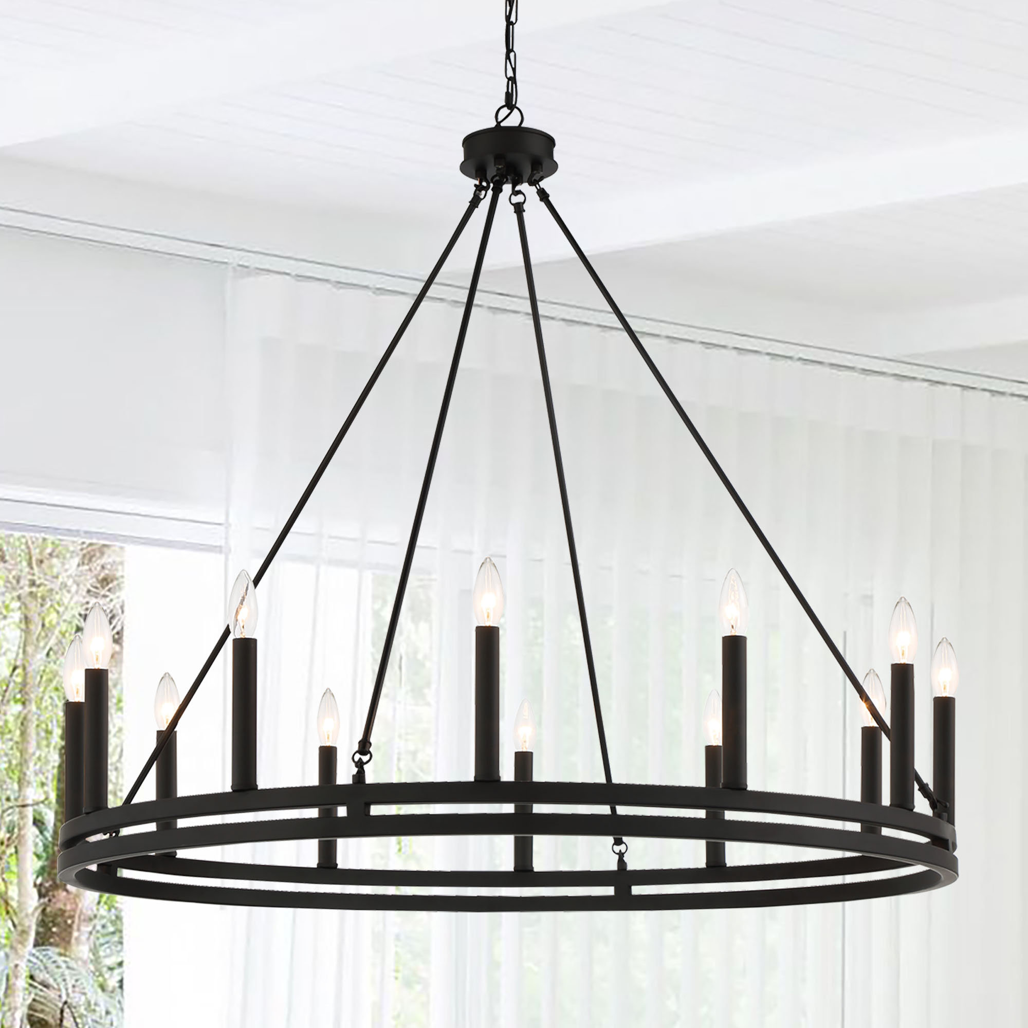Madalyn 12 - Light Candle Style Wagon Wheel Chandelier, Ebony