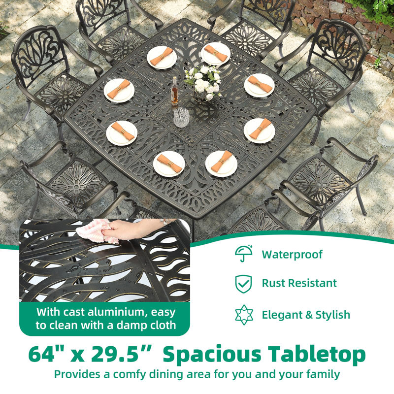 Large Dark Bronze Cast Aluminum Square Patio Dining Table with Umbrella Hole