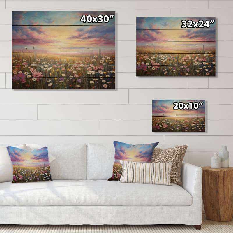 Fleurs de rose blanches et champs de sérénité sur bois, H 24 po x l 32 po x P 0,78 po